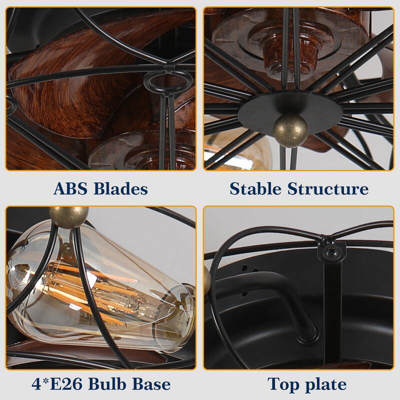Modern Flush Mount Ceiling Fan Light with Light and Remote Control, Cage Design for Bedroom and Living Room