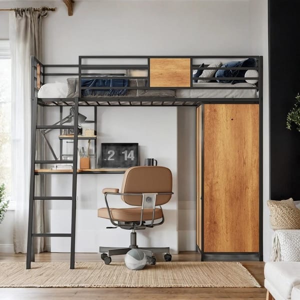 slide 2 of 17, Twin Size Metal & Wood Loft Bed with Desk and Wardrobe,Black Black - Twin