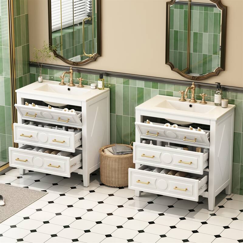 60" Bathroom Vanity Set with Ceramic Sink (Separate), Solid Wood Bathroom Storage Cabinet - White