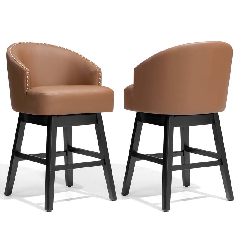26.6" Counter Height Bar Stools Upholstered Solid Wood Swivel Barstool Set of 2/4 - Set of 2 - Brown