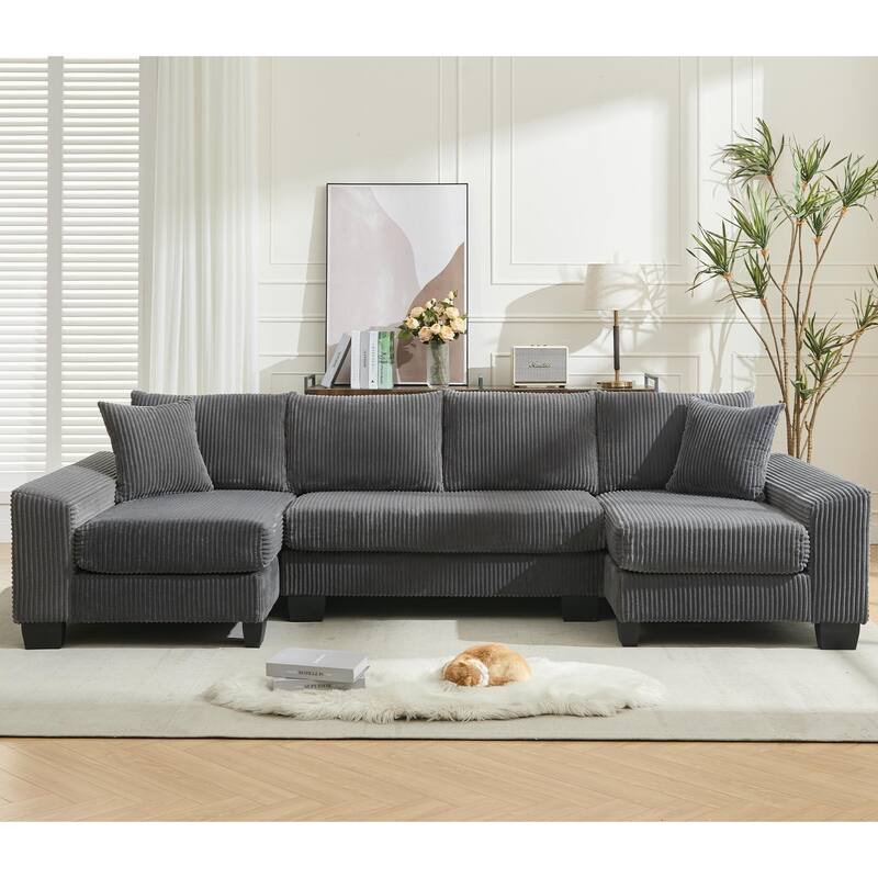 U Shaped Sofa Convertible Pull Out Sleeper Sofa Bed, 2 in 1 Recliner Sectional Couch, Corduroy Upholstery Daybed with Pillow