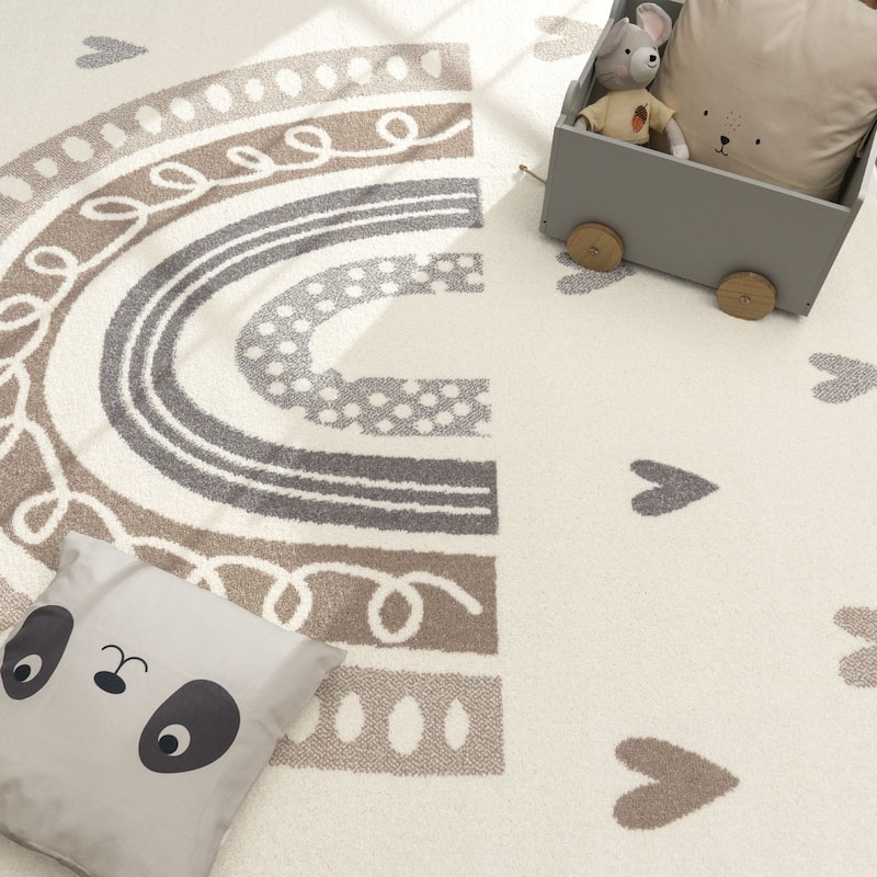 Kids Rug with Rainbow and Hearts in Pastel Colors