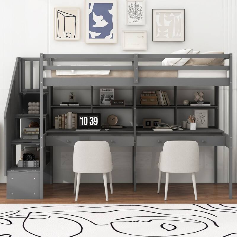 Twin Size Loft Bed with Storage Staircase, Double Desks and Shelves