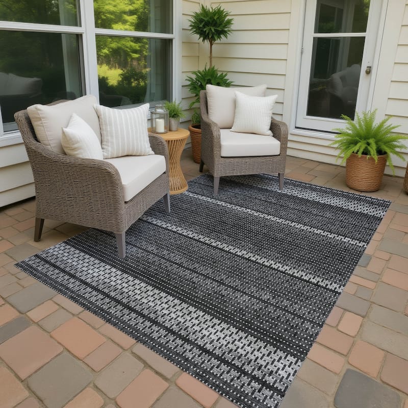 Machine Washable Indoor/ Outdoor Boho Stripe Chantille Rug - Black - 5' x 7'6"