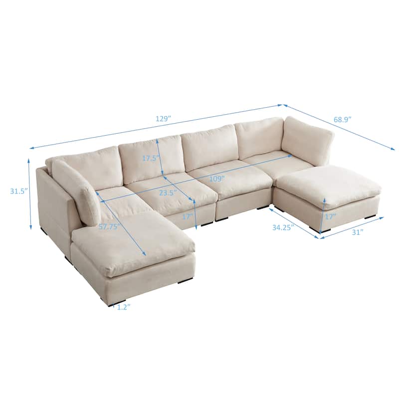 Linen Fabric Sofa Set U-shape Modular Couch with Movable Ottomans - Bed ...