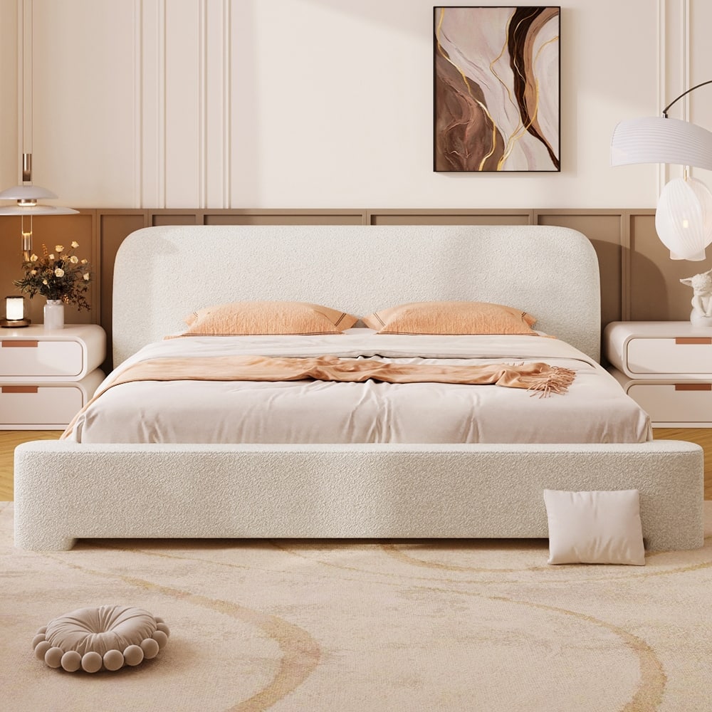 Christopher Knight Home - Cozy White Bouclé Upholstered Platform Bed with Plush Foam Padding, No Box Spring Needed