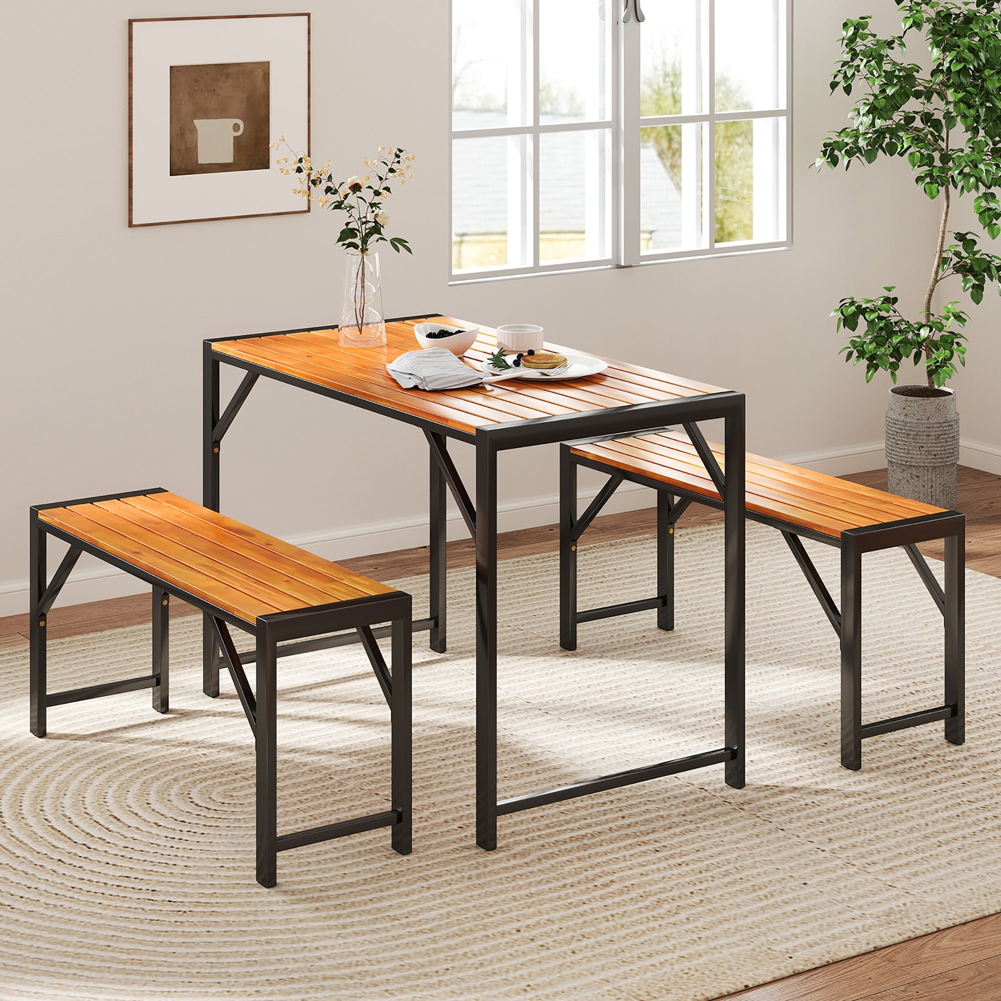 Gymax 3 PCS Dining Set for 4 People Outdoor Picnic Table & 2 Benches