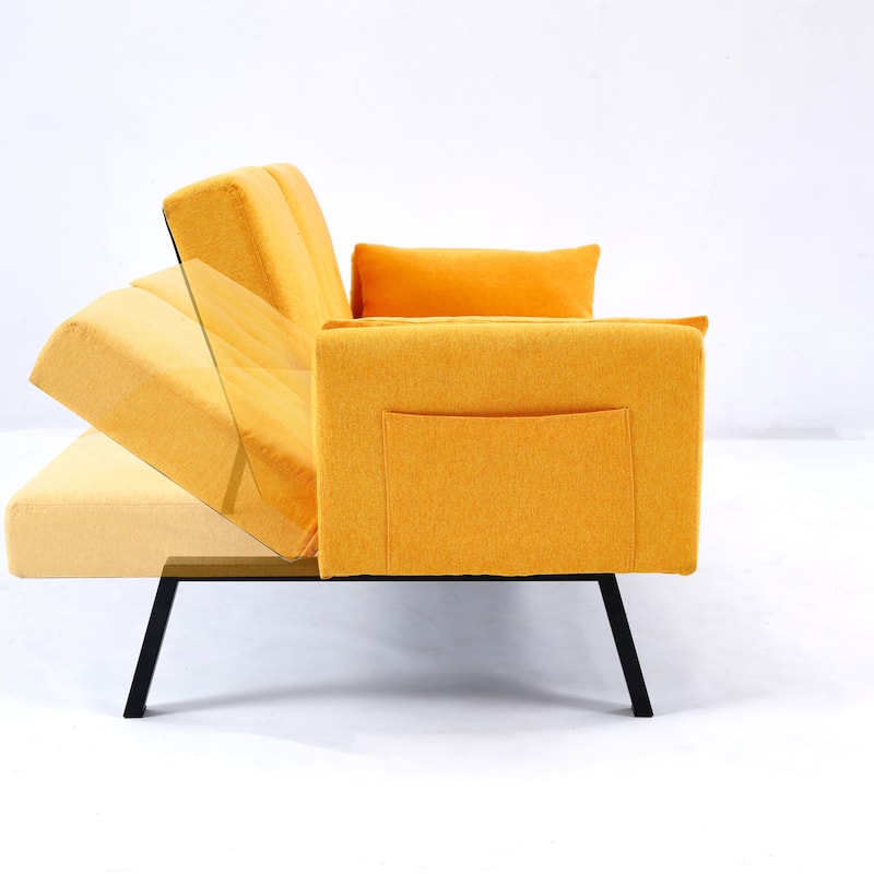 Cotton Linen Fabric Loveseat Sofa Sleeper Sofa Bed for Small Space with Center Table, Cup Holders, Pillows and Side Pockets