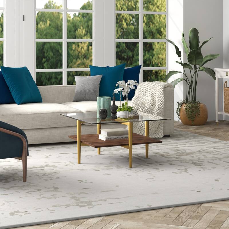 32" Square Modern Coffee Table with Glass Top and Metal Legs Lower Shelf Storage for Living Room - 32"L x 32"W x 17"H