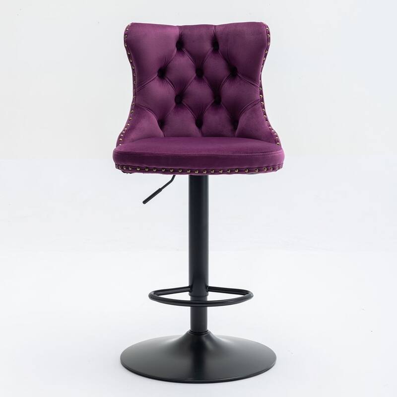 Bar stools with Backs Luxurious Velvet Swivel - Adjustable Height, Set of 2 - Black + Purple