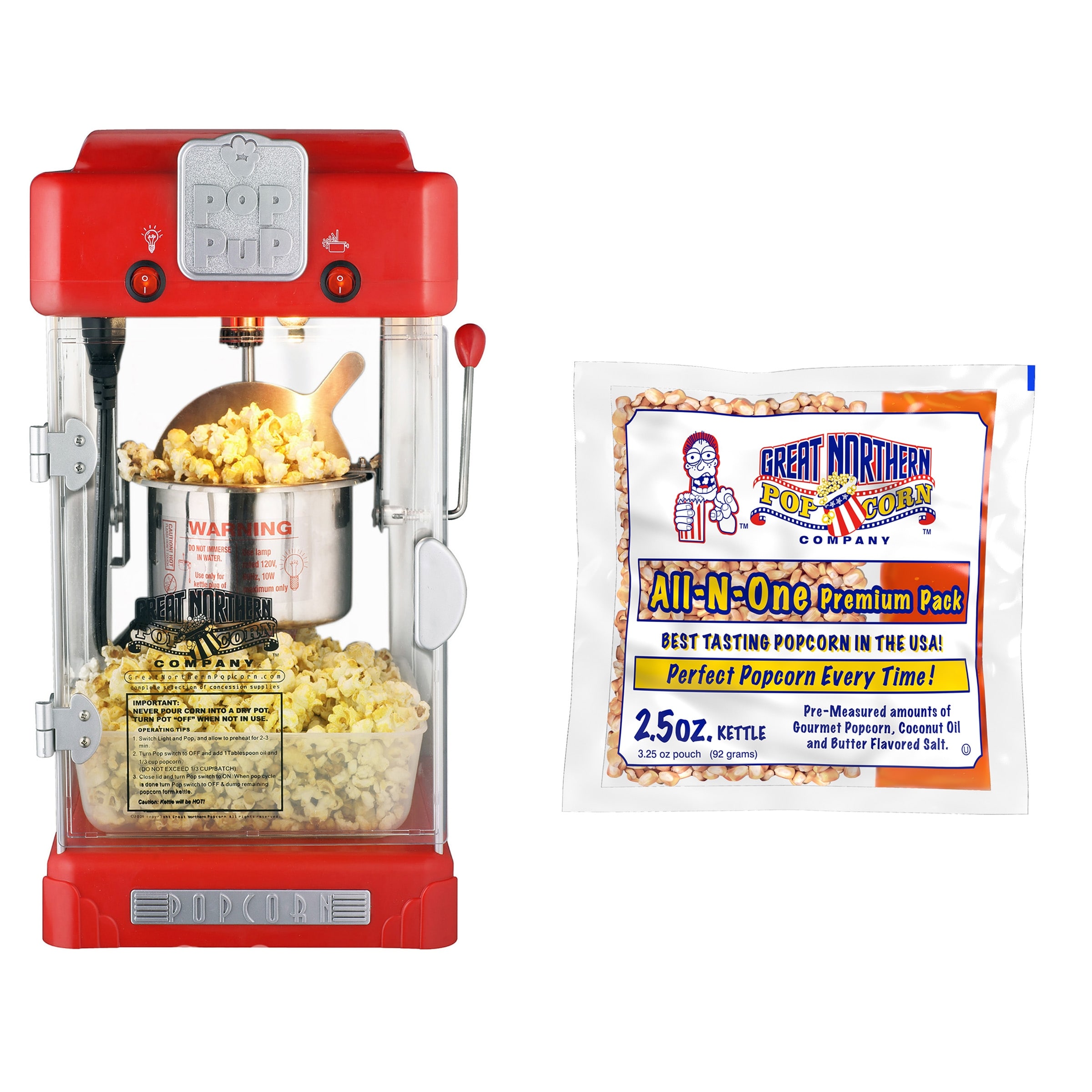 Great Northern Popcorn Machine Pop Pup Retro Style Popcorn Popper, (2.5Oz, Red)