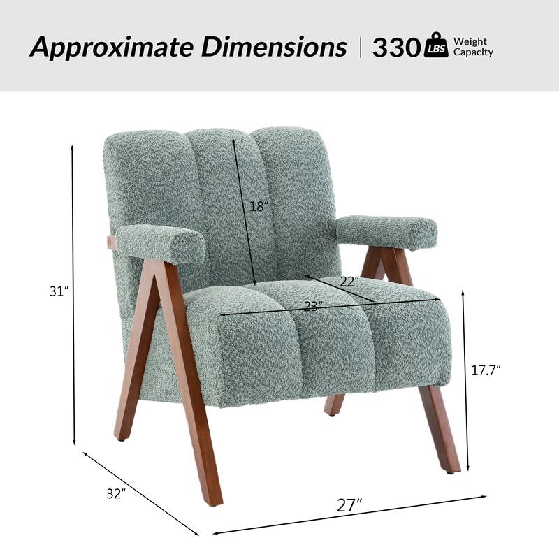 Mid Century Modern Accent Chair, Chenille Armchair with Solid Wood Legs, Channel Tufted Comfy Reading Chair for Living Room