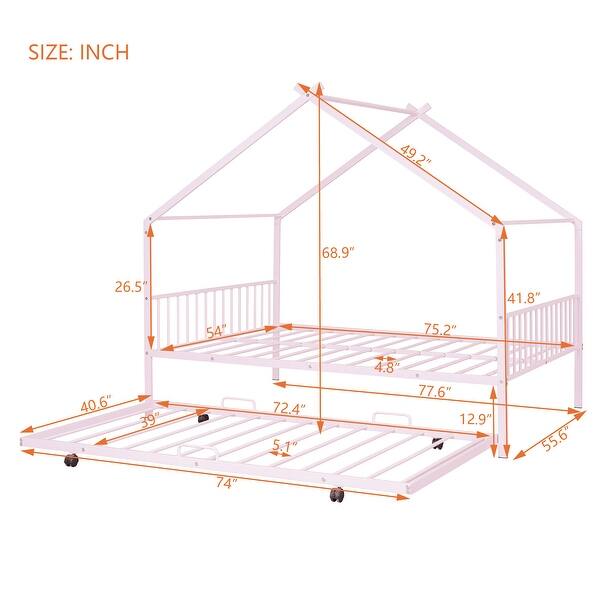 dimension image slide 0 of 3, Full Size Metal House Bed with Trundle and Roof for Kids, Boys and Girls, Bedroom