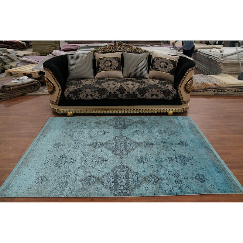 Machine Made Oriental Polyester Carpet Traditional Floral Navy Blue & Blues Agra Area Rug - 7' 5'' X 5' 2''