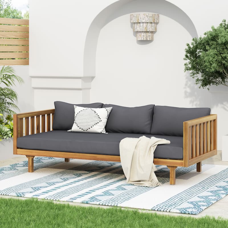Roomfitters 3 Seater Wooden Patio Sofa with Weather-Resistant Cushions, Modern Outdoor Daybed, Sturdy Patio Seating - Dark Grey+Teak Wood