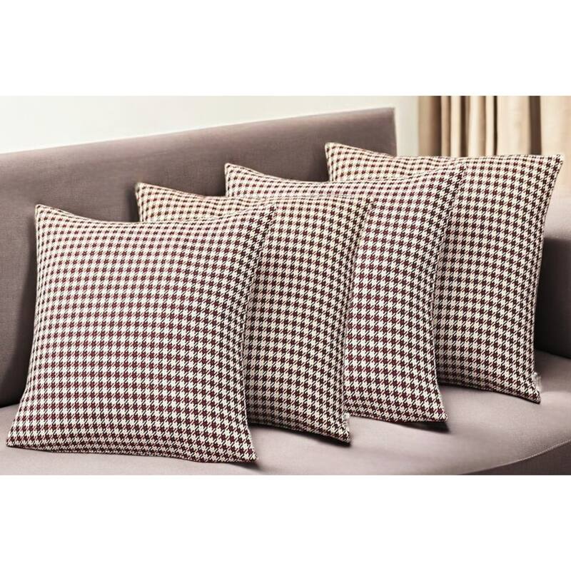 Set of Four 18" Red and White Houndstooth Fabric Throw Pillows - White/Red