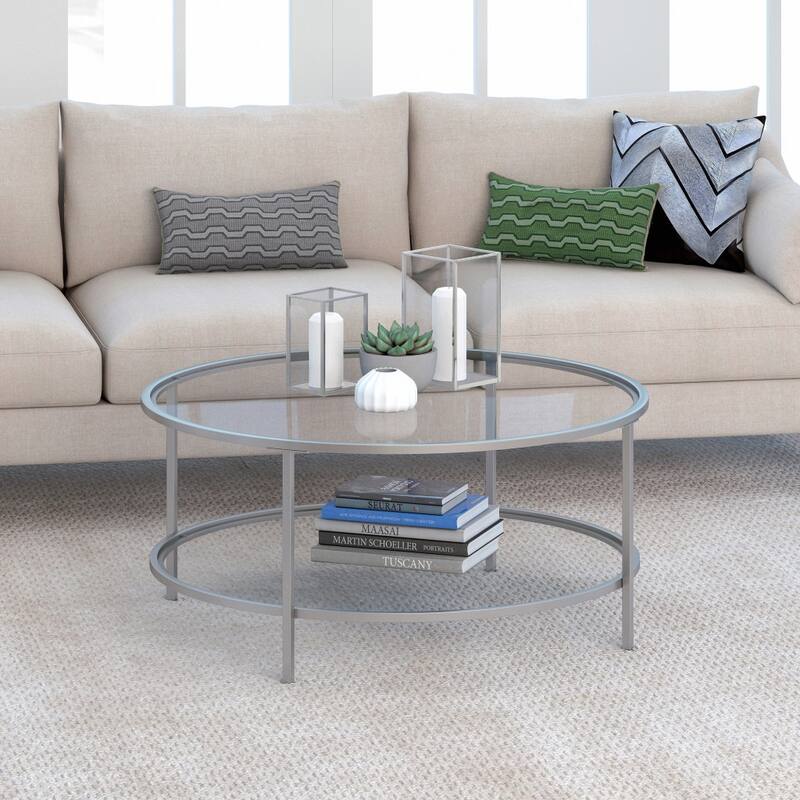 36" Modern Round Coffee Table with Glass Top and Shelf for Living Room or Bedroom - 36"L x 36"W x 17"H