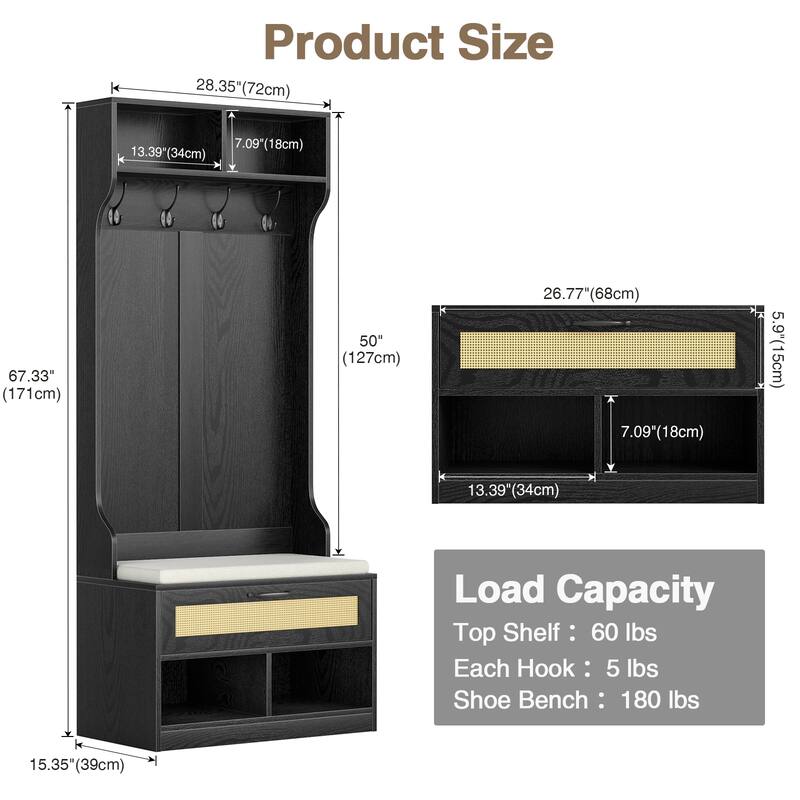 Anmytek 67" 3-In-1 Hall Tree Shoe Storage Bench and Coat Rack with 4 Hooks and 6 Compartments for Entryway