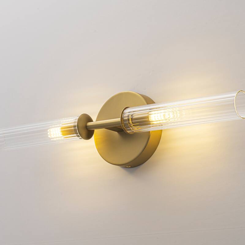 2-Light Mid-Century Modern Brushed Gold/Matte Black Finish Linear Vanity Light with Clear Striped Glass for Bathroom