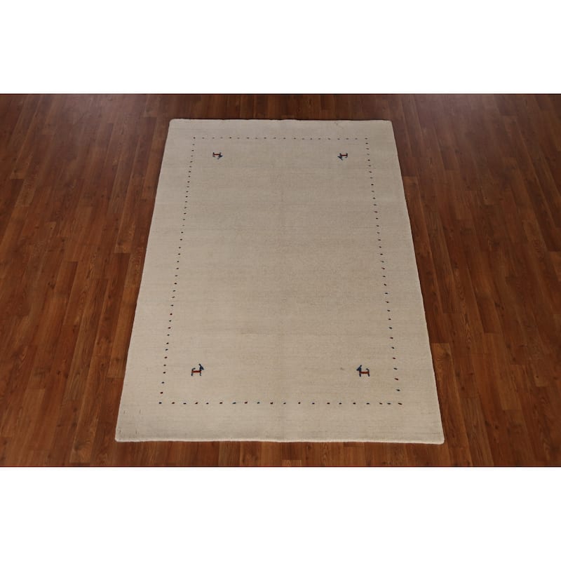 Tribal Gabbeh Indian Rug Hand-Knotted Beige Oriental Wool Carpet - 4'4" x 6'1"
