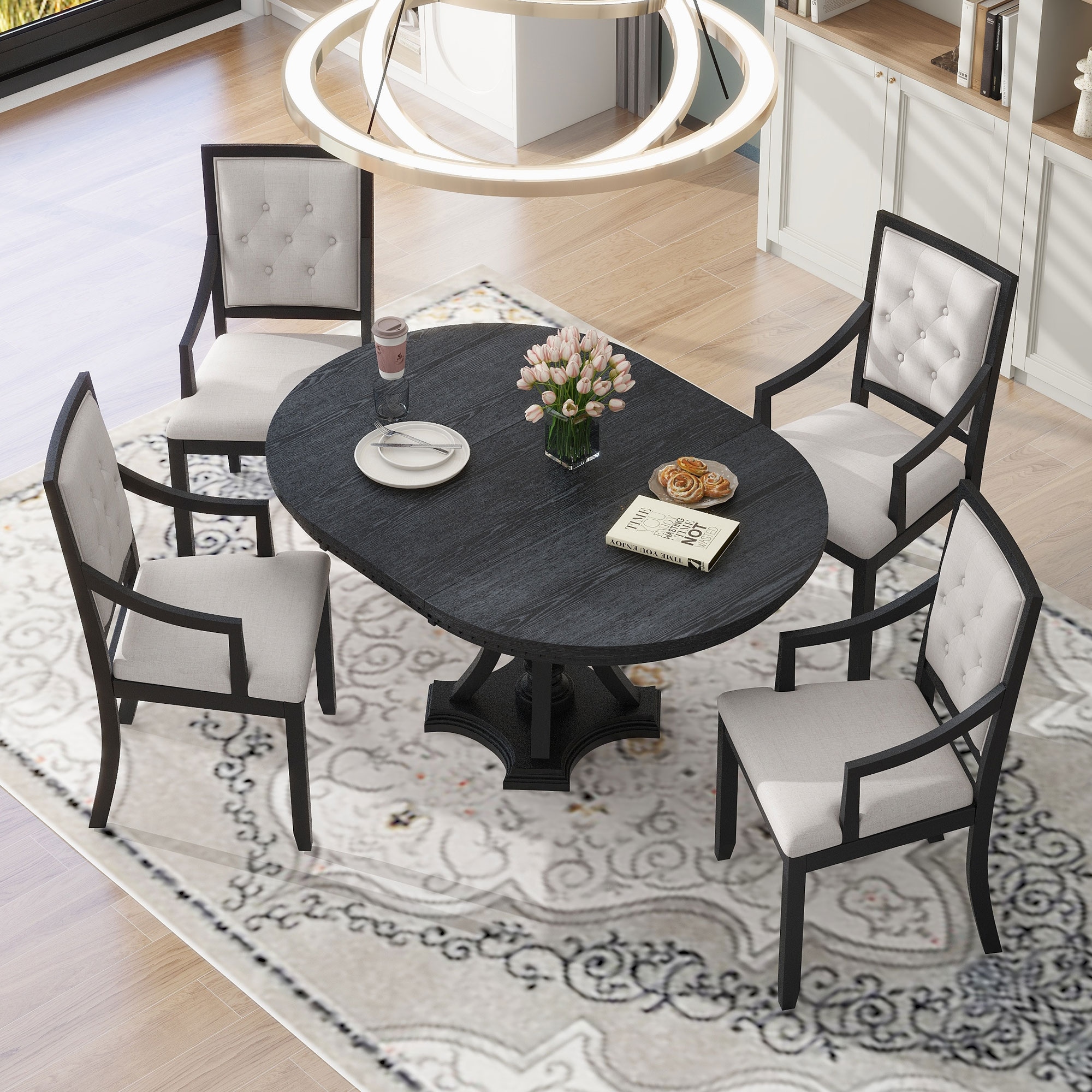 5-Piece Dining Set with Extendable Round Table & 4 Chairs
