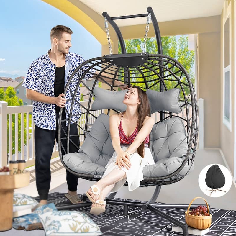 FINCATI Outdoor Oversized Double Egg Chair Swing, 700 lbs Double Egg Chair Outdoor, 2 Person Egg Chair Swing, Hanging Egg Chair - Light Grey/Grey-Cover