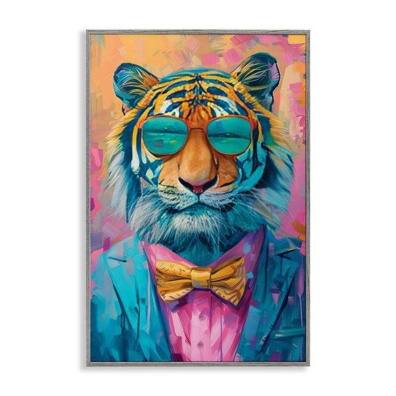 Stupell Smiling Snazzy Tiger Framed Giclee Art Design By LSR Design Studio - 16 x 24 - Grey