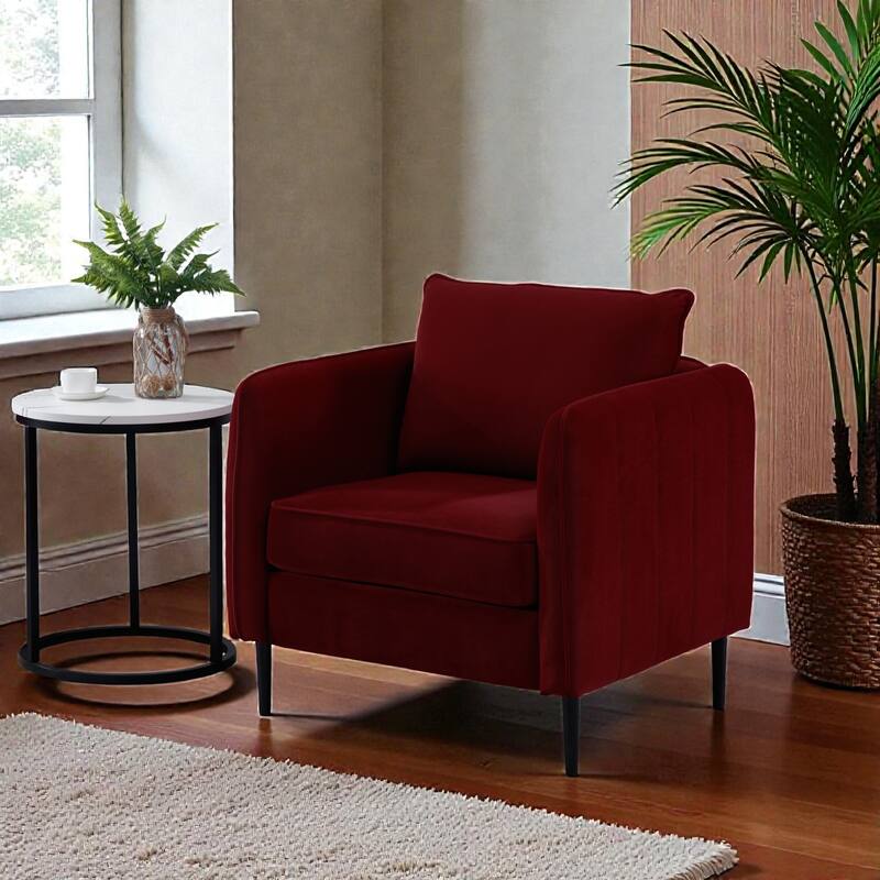 Velvet Accent Chair for Living Room, Mid Century Modern Single Sofa Chair with Pillow and Metal Legs