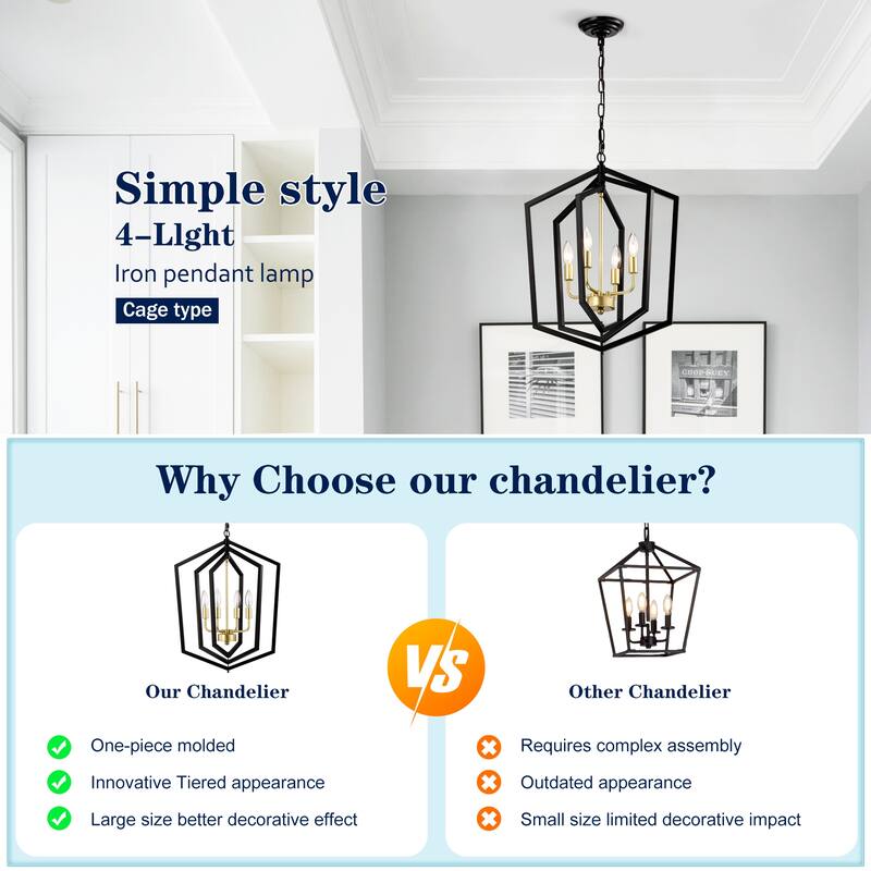 4-Light Farmhouse Kitchen Chandeliers, Rustic Cage Light Fixture Adjustable Height Chandeliers for Dining Room Hallway
