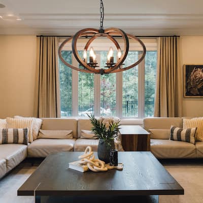 Anmytek 6-Light Wooden Kitchen Island Pendant Light Rustic Candle Style Hanging Light Fixture for Living Room Dining Room