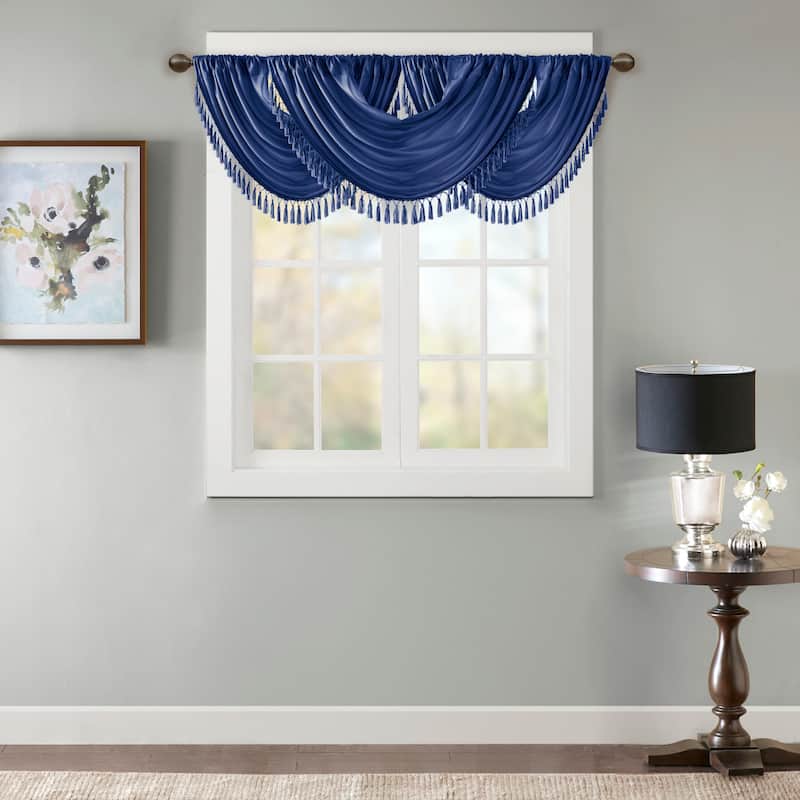 Madison Park Juline Faux Silk Waterfall Embellished Valance - 38 x 46" - Navy