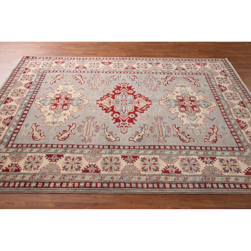 Gray Kazak Area Rug Handmade Wool Carpet - 5'8" x 7'10"