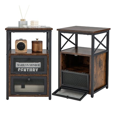 Gymax 2PCS Side End Table Nightstands w/ 2 Open shelves & 2 Flip