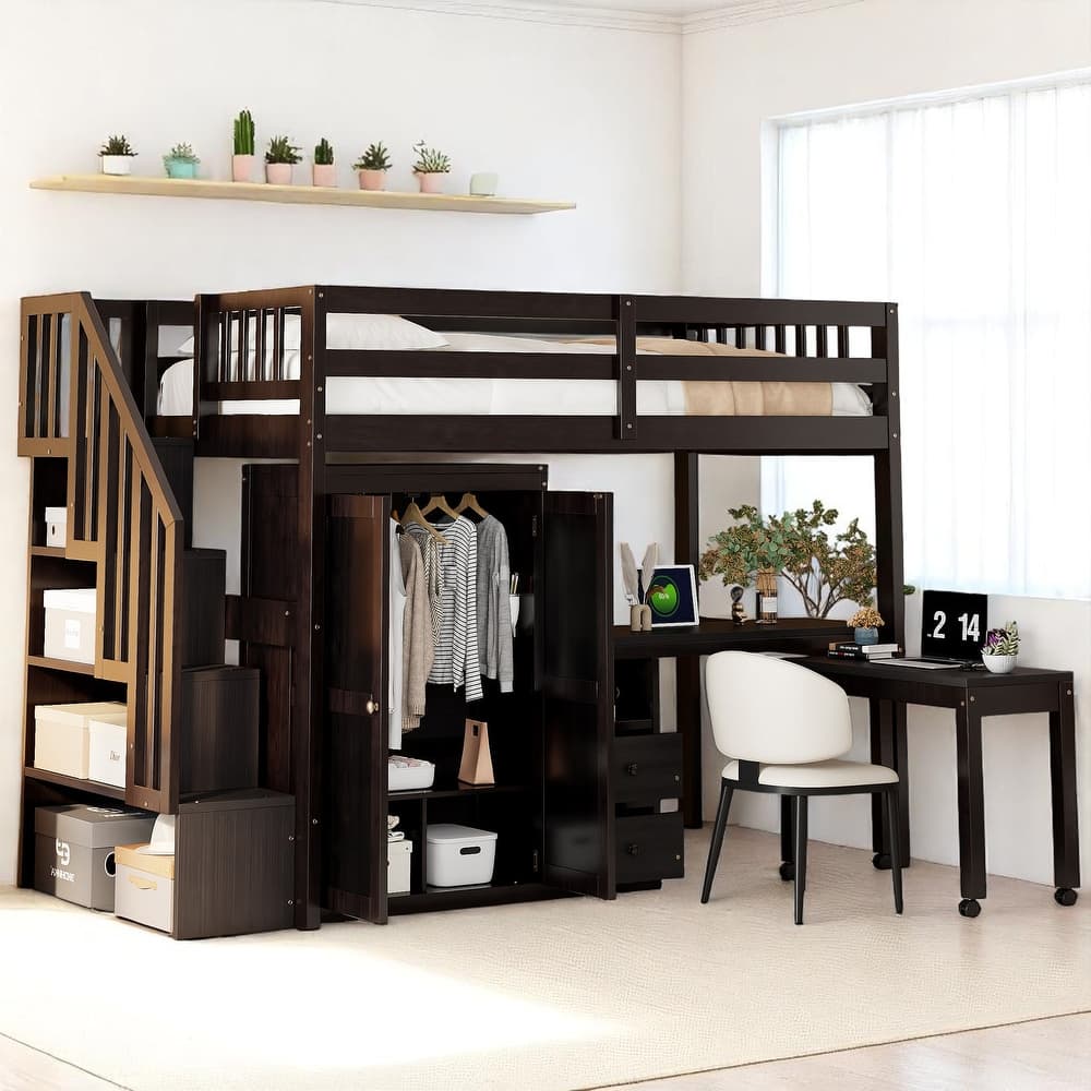 Twin/Full Size Loft Bed with Desk, Wardrobe, Drawers & Stairs, Wood Frame Study Bed with Storage for Kids/Teens