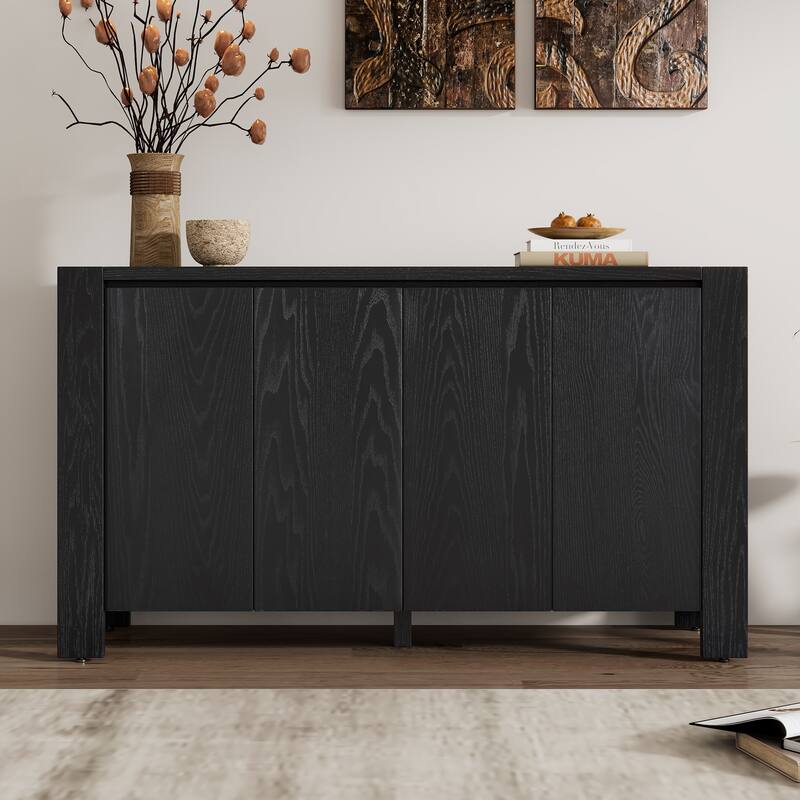 Retro 4-Door Sideboard with Distressed and Adjustable Shelves - Black