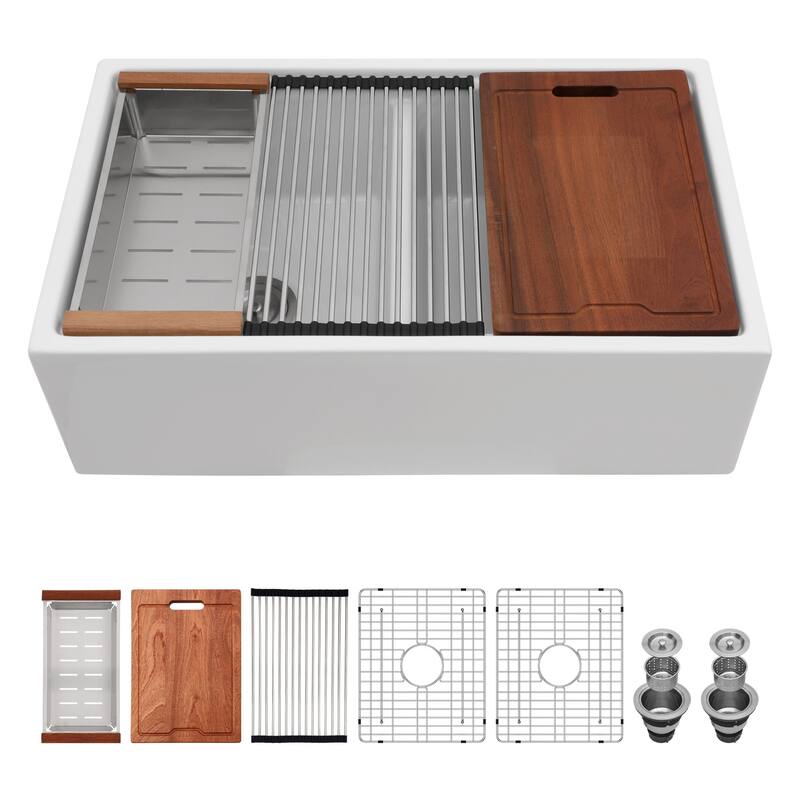 33'' Farmhouse Ceramic Double Bowl Kitchen Sink in White - 33'' x 20'' x 10''