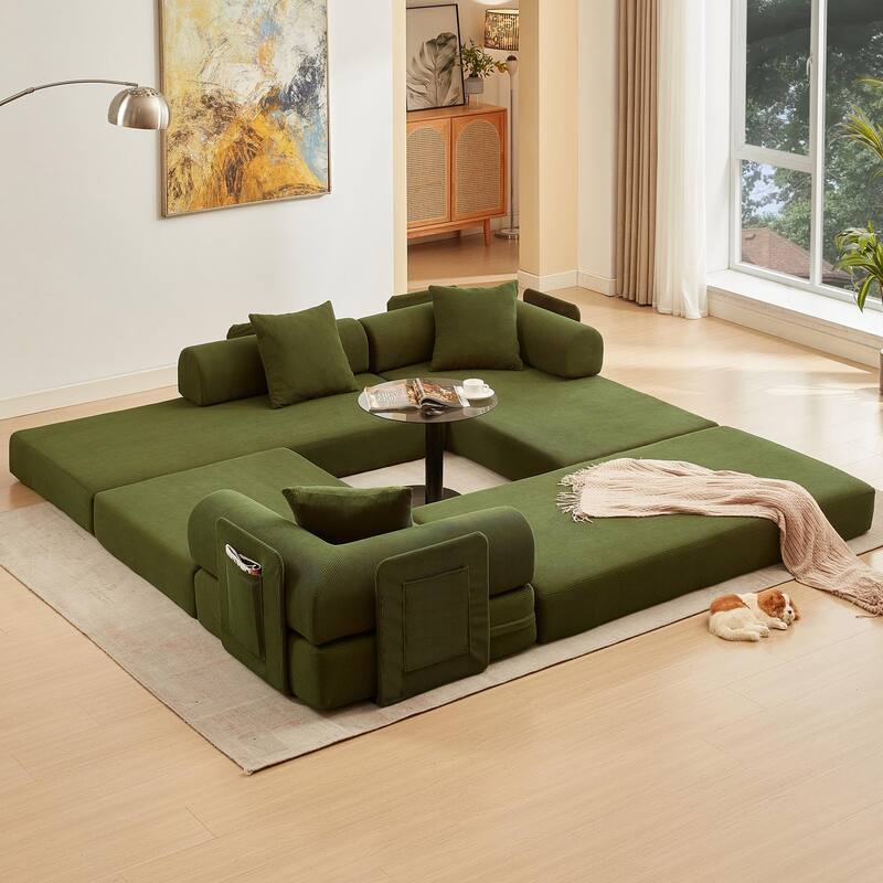 107'' L-Shaped 7-in-1 Corduroy Modular Sectional Sofa Bed, 4-Seat, Green