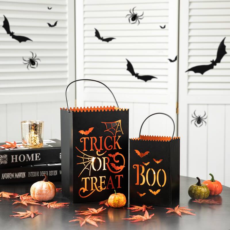 Glitzhome Set of 2 Hollow Out Metal Bucket Lanterns Candle Holder for Fall Halloween Thanksgiving - Trick or Treat