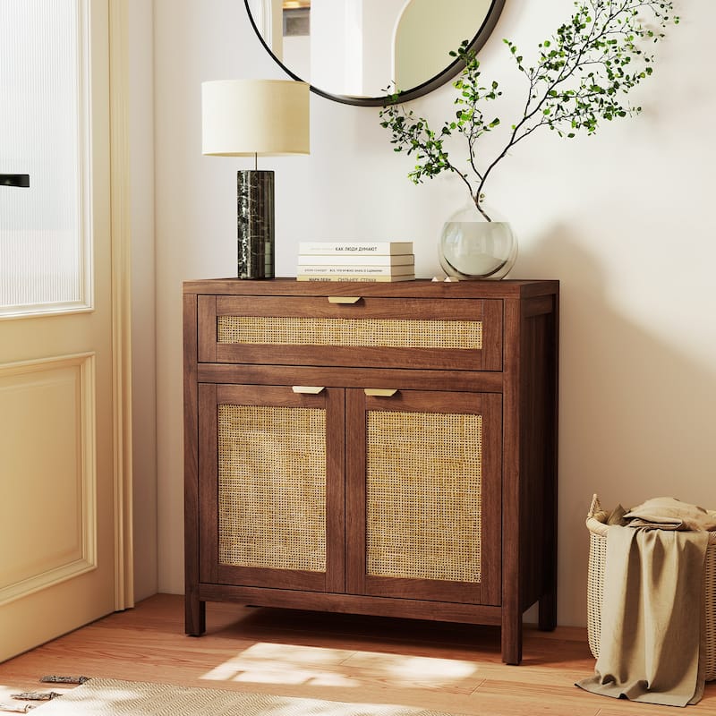 Brown-Natural Engineered Wood and Rattan Sideboard Cabinet with Drawer - 31" x 14.5" x 32"