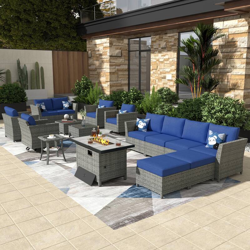 XIZZI 16-piece Outdoor Patio Wicker Furniture Sectional Set with Fire Pit - Navy Blue