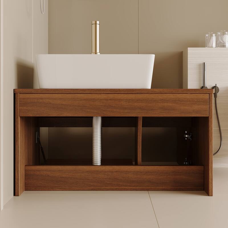 Floating Single Small Bathroom Vanity with Integrated Vessel Ceramic Sink and Multi-layer Storage Solid Wood Cabinet