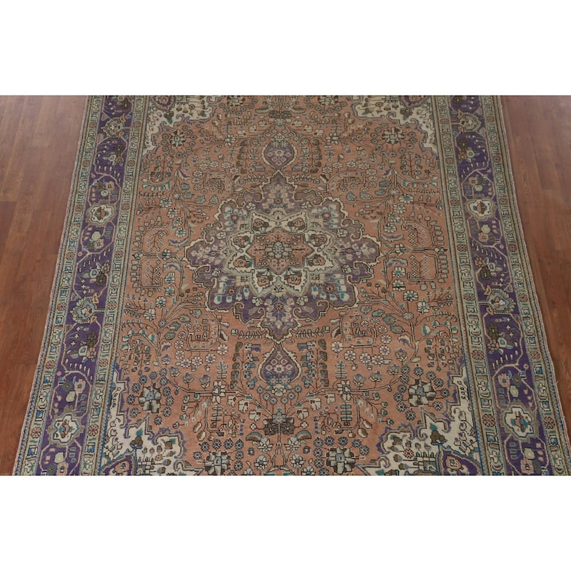 Floral Coral Tabriz Persian Vintage Area Rug Handmade Wool Carpet - 6'9"x 9'10"
