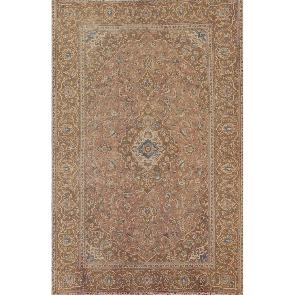 Traditional Kashan Persian Vintage Rug Hand-knotted Floral Wool Carpet - 7'7" x 10'8"