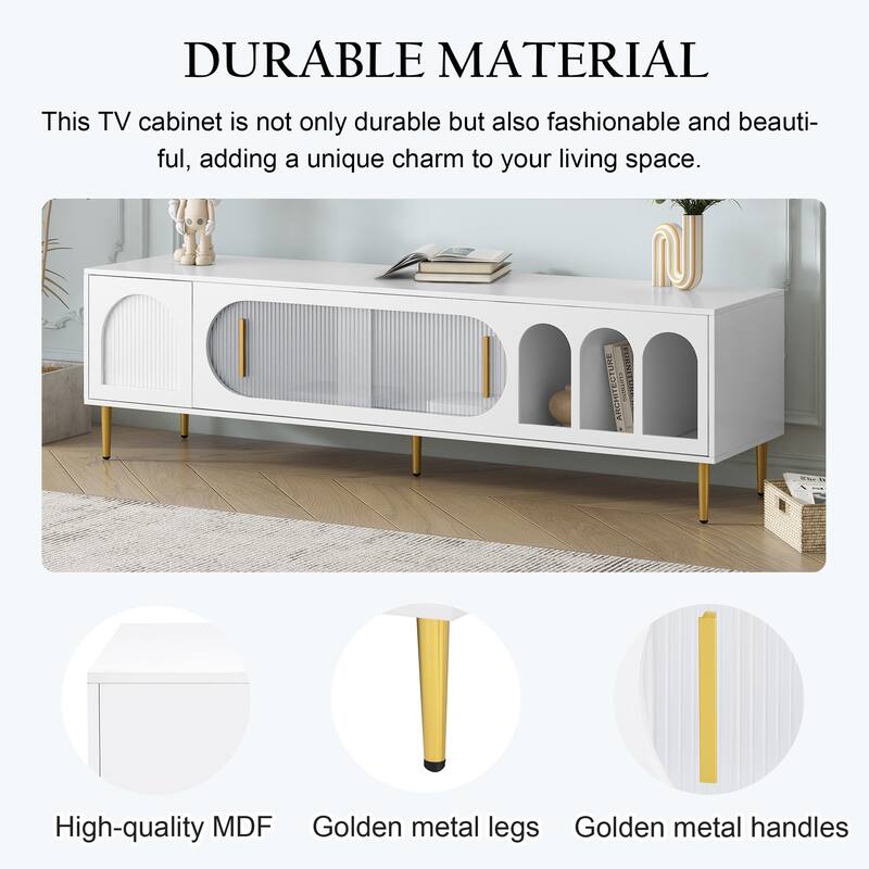 Modern TV Stand with Arched Shelves, Sliding Acrylic Door, Golden Metal Handles, and Ample Storage, Fits TVs up to 70 Inches.