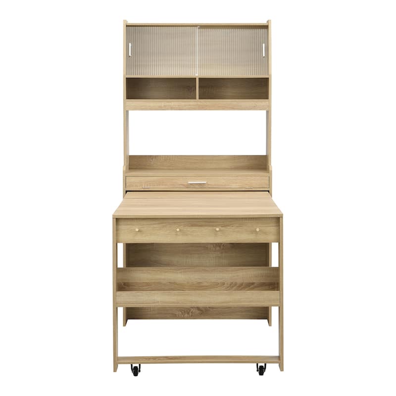 Multifunctional Buffet Hutch and Foldable Dining Table with Storage Unit and Rolling Wheels for Small Spaces