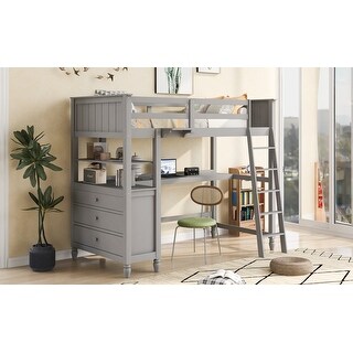 Twin Wood Loft Bed with Desk, Drawers & Shelves - Space-Saving Design