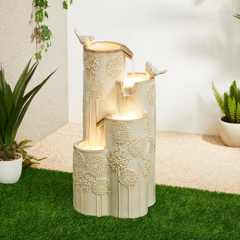 Glitzhome 31.75"H 4-Tier LED Vase-Shaped Ceramic Outdoor Floor Fountain with Birds/ Lotus - White - Birds