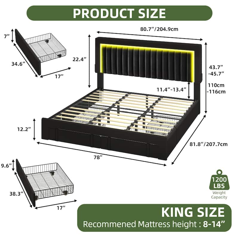 Velvet Upholstered Platform Bed Frame with Adjustable Headboard and 4 Storage Drawers & RGB LED Lights - Black - King