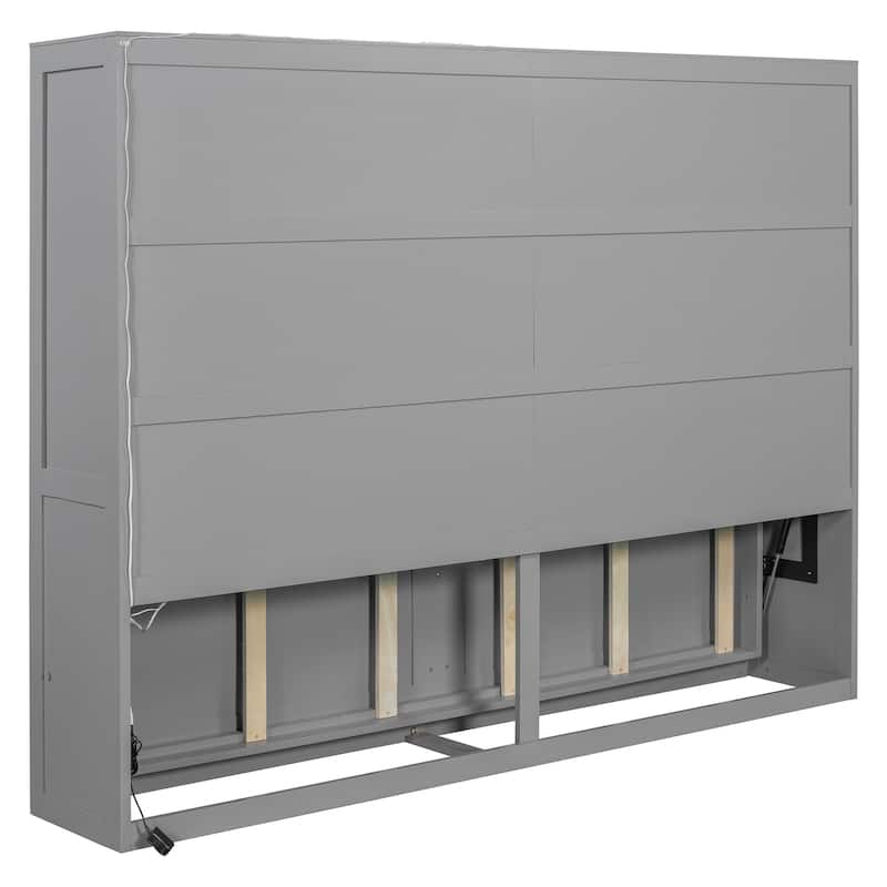 Gray Queen Murphy Bed with LED Lighting, Modern Wall Bed, No Box Spring Needed