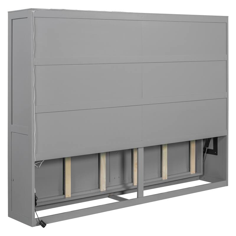 Modern Queen Size Murphy Wall Bed with LED Lights, Space-Saving Design, Gray